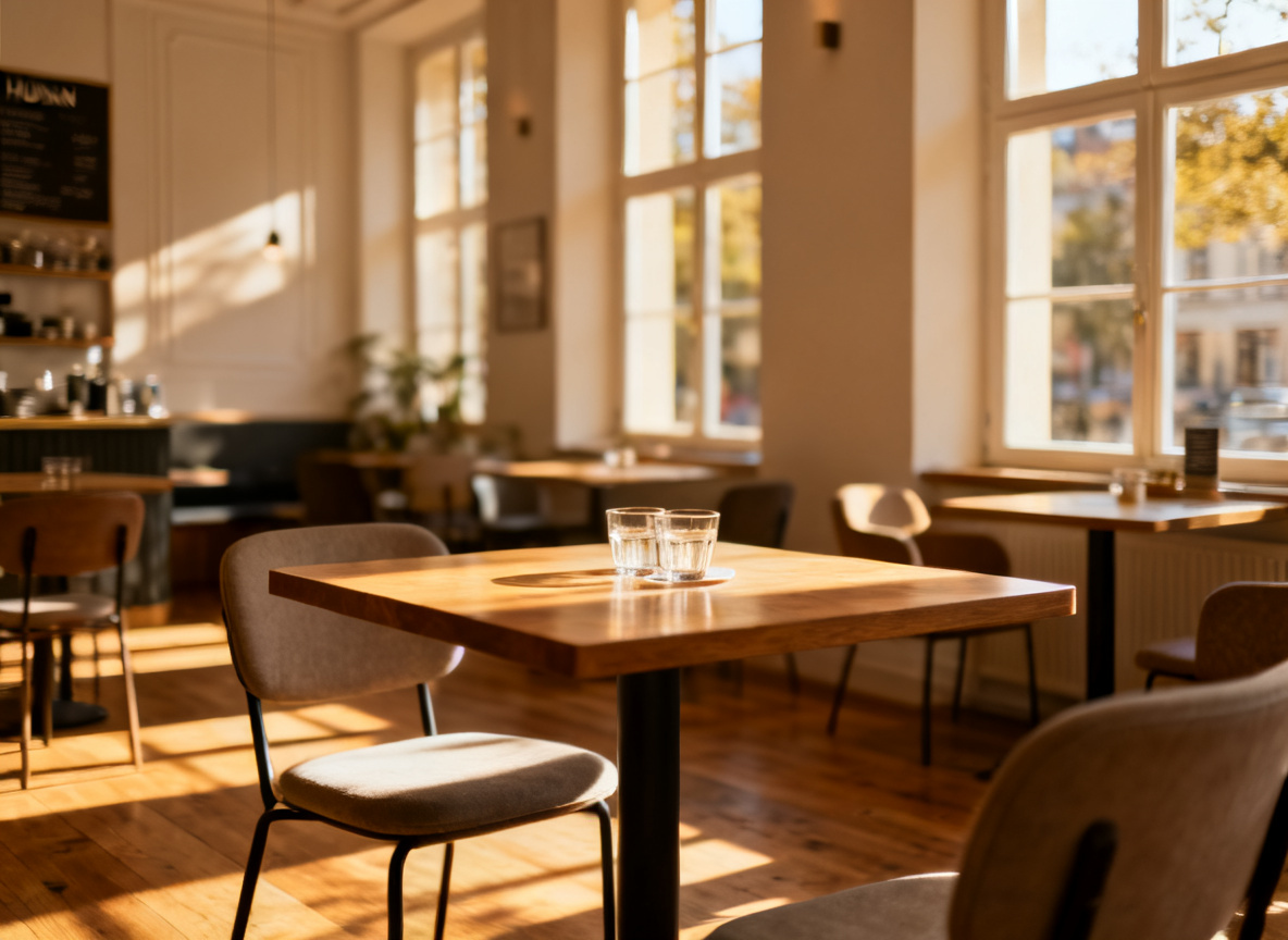Helles Café-Interieur im denkmalgeschützten Huginn beim Mittagstisch in Stuttgart