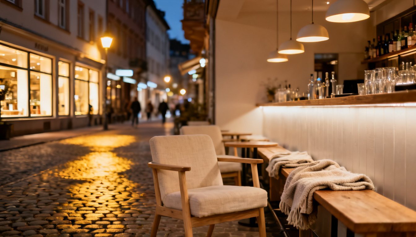 Bars in Stuttgart-Möhringen – abendliche Straße im Stadtteilzentrum auf den Fildern mit Lokalen