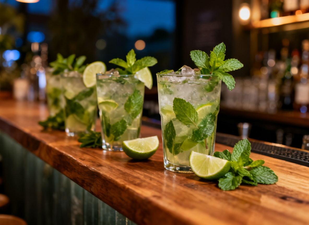 Mehrere Mojitos auf einer Bartheke mit frischer Minze und Limetten, Bar-Atmosphäre am Abend