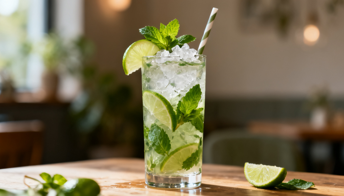 Mojito Rezept im Longdrinkglas mit frischer Minze, Limettenspalten, Crushed Ice und Strohhalm