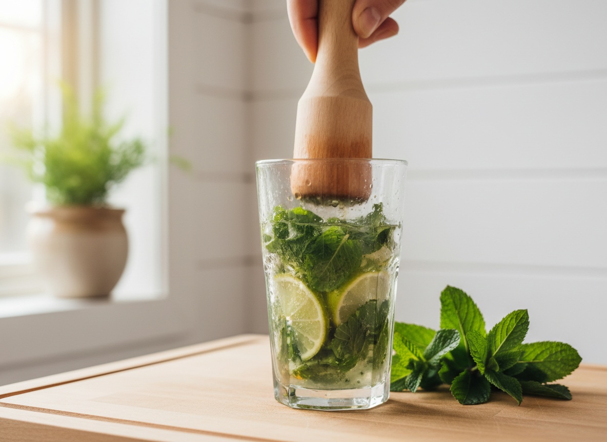 Frische Minze und Limette werden im Glas mit einem Stößel angedrückt, Mojito Zubereitung