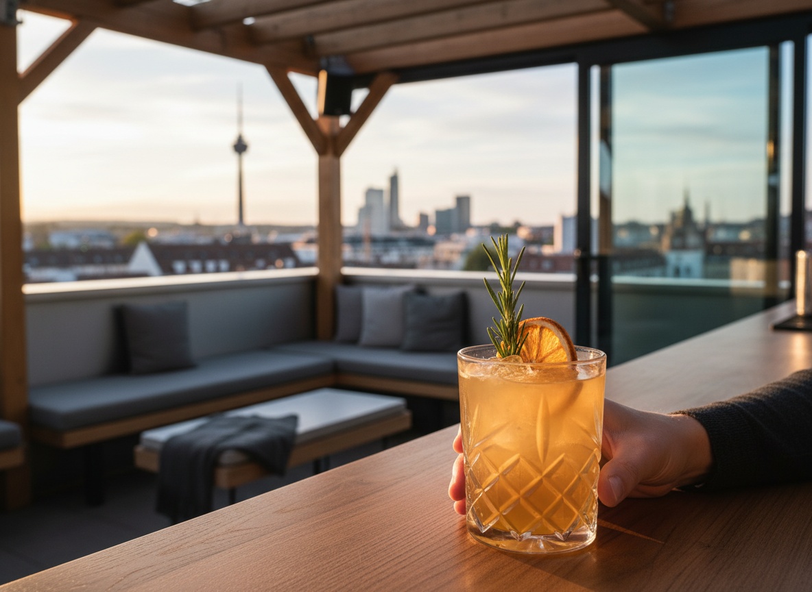 Cocktail auf einer Rooftop Bar Stuttgart mit unscharfer Skyline im Hintergrund