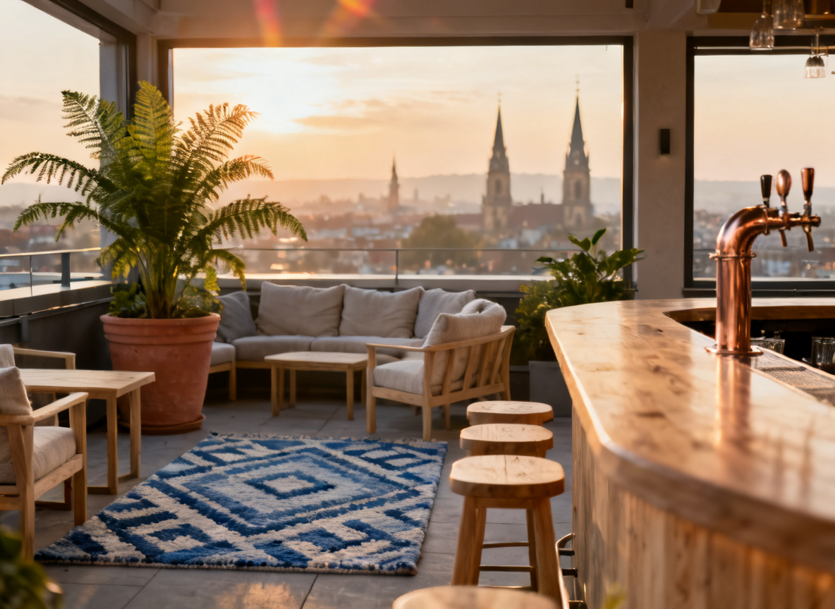 Rooftop Bar in Stuttgart bei Sonnenuntergang mit Blick über die Dächer der Stadt