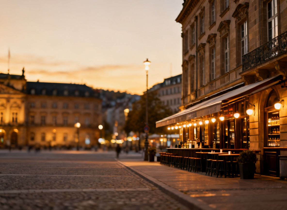 Abendstimmung am Schlossplatz Stuttgart mit Blick Richtung City-Bars