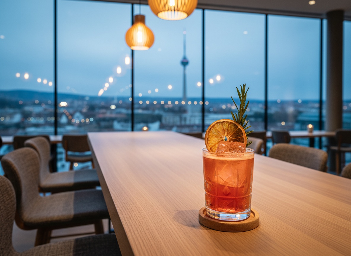 Signature-Cocktail in einer Sky Bar Stuttgart vor einem Panoramafenster mit Stadtblick