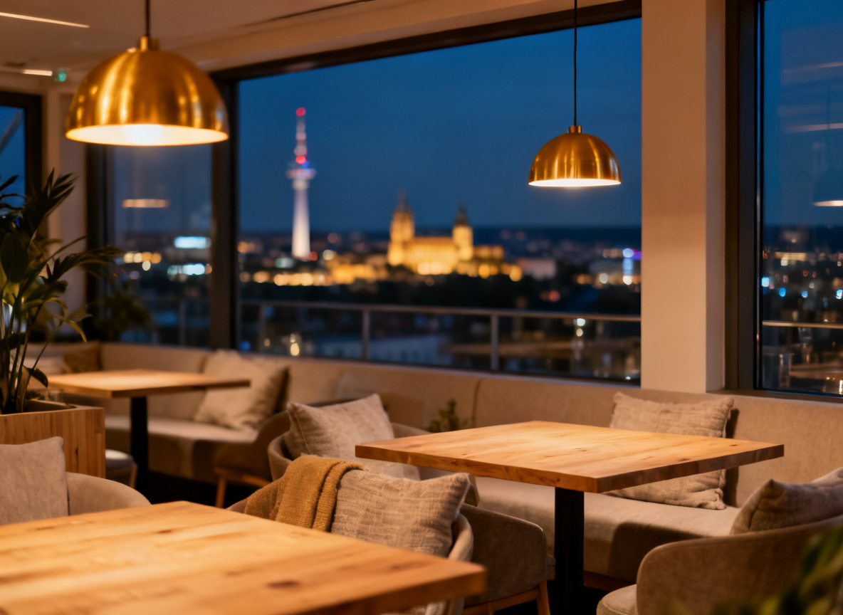 Sky Bar in Stuttgart bei Nacht mit beleuchteter Skyline hinter den Fenstern