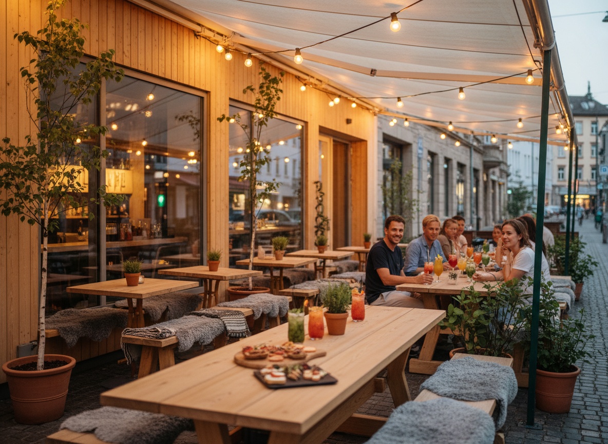 Außenbereich des Huginn an der Calwer Straße als Sommer-Bar in Stuttgart bei Abendlicht