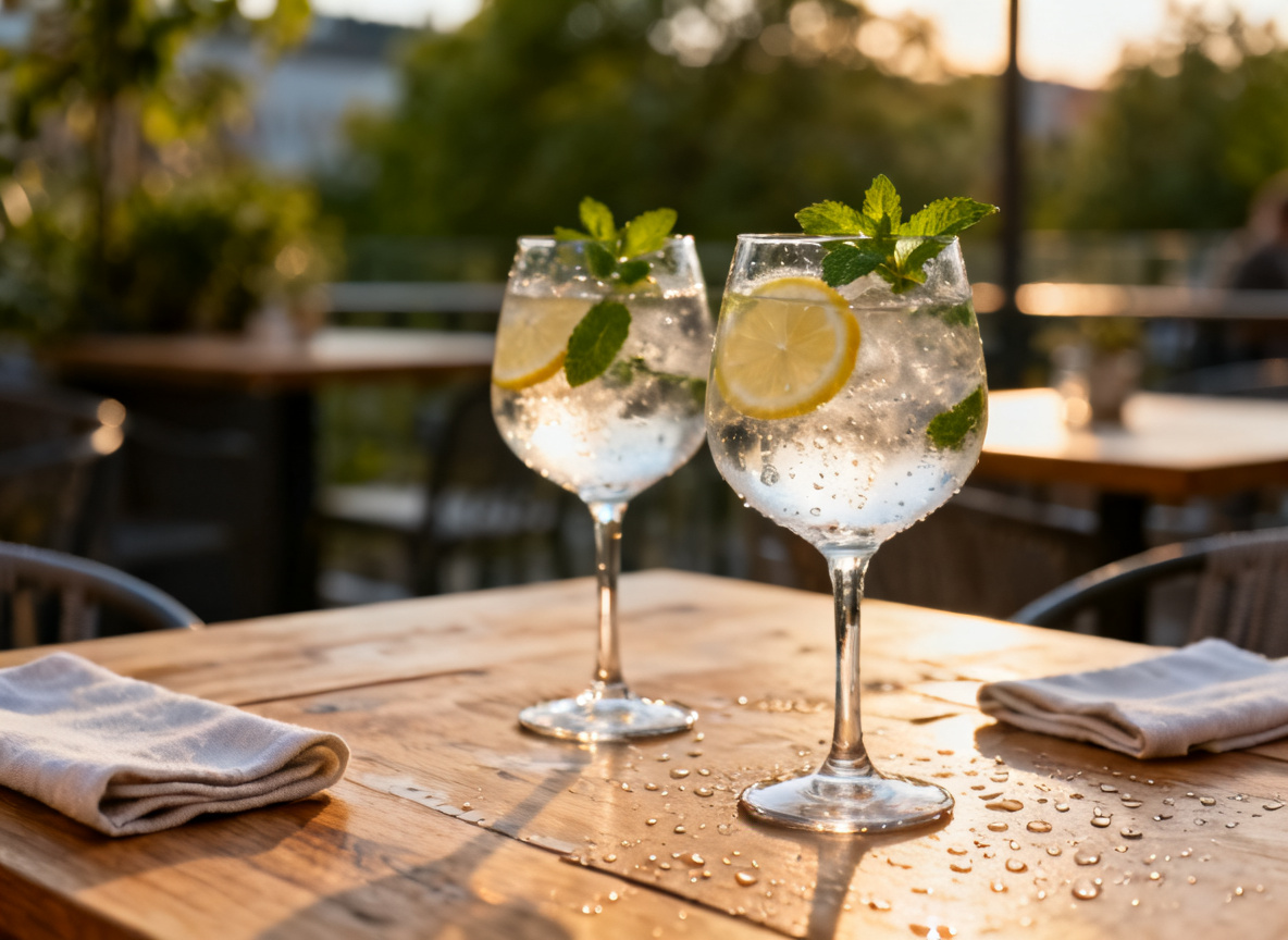 Frische Sommer-Cocktails mit Gin und Tonic im Außenbereich des Huginn Stuttgart