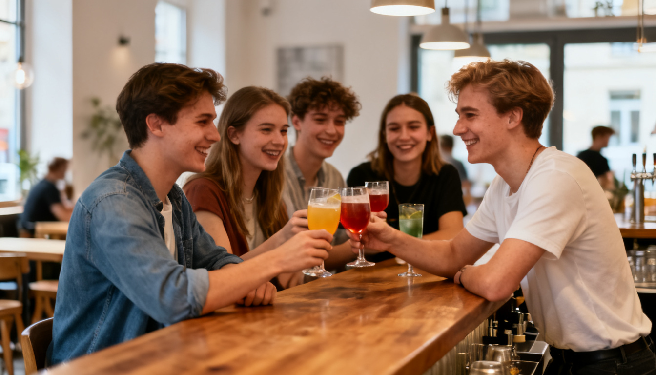 Studenten-Bars Stuttgart – junge Gruppe feiert mit Drinks an der Bar im Huginn an der Calwer Straße