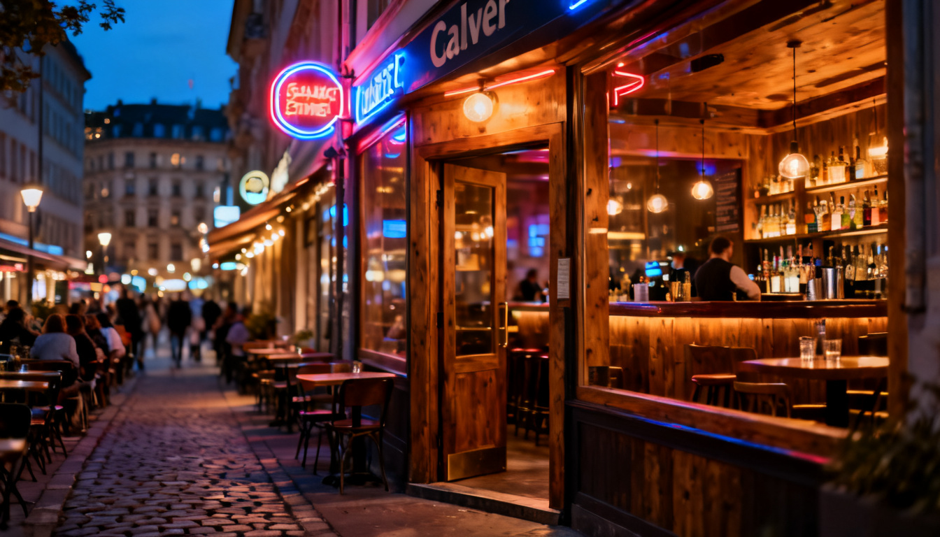 Bars in Stuttgart-Mitte – belebte Calwer Straße am Abend mit beleuchteten Bar-Fassaden