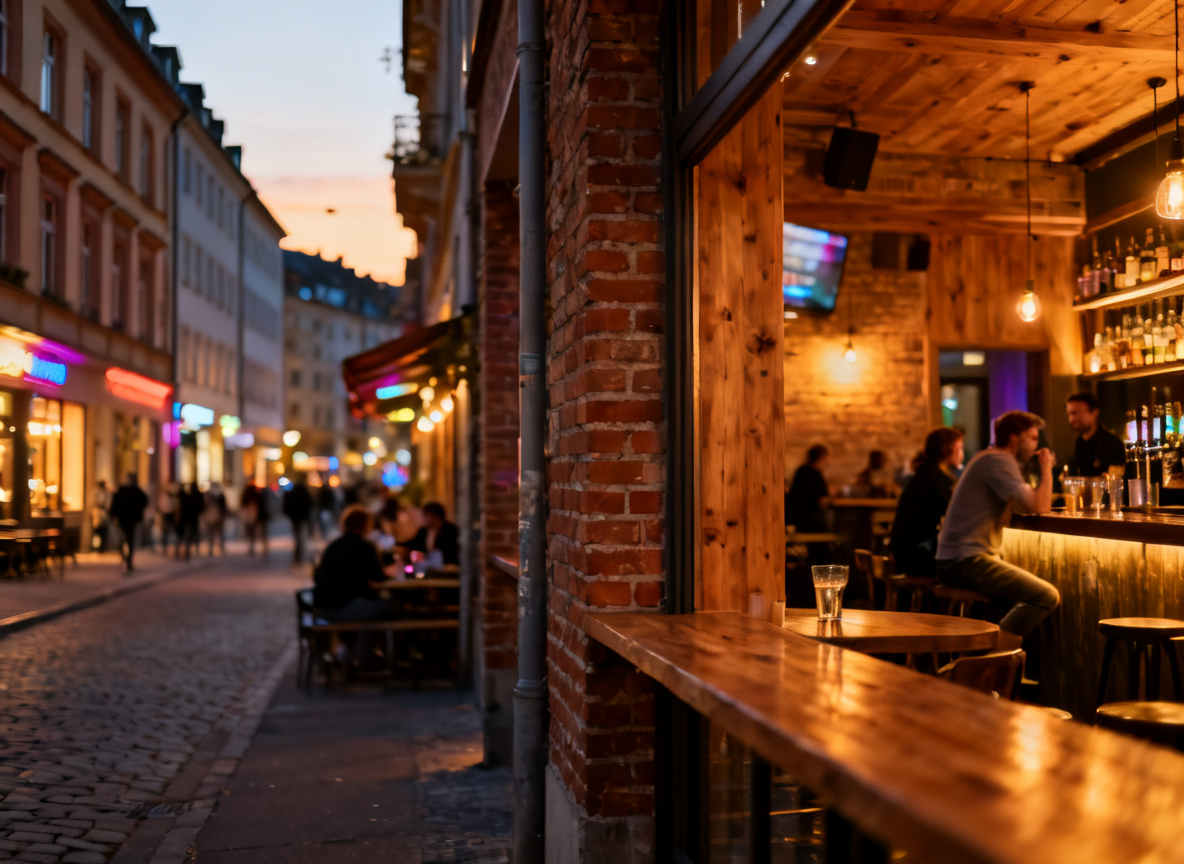 Bars in Stuttgart-West mit Altbau-Straßenzug und belebten Lokalen am Abend