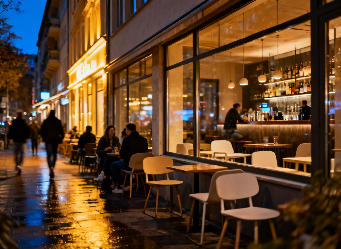 Bars an der Theodor-Heuss-Straße Stuttgart bei Nacht mit beleuchteten Fassaden und Menschen