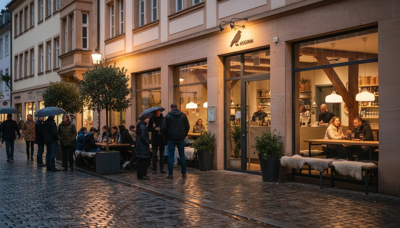 Bar-Tipps für Stuttgart für Touristen – abendliche Calwer Straße mit dem Huginn Café und Bar