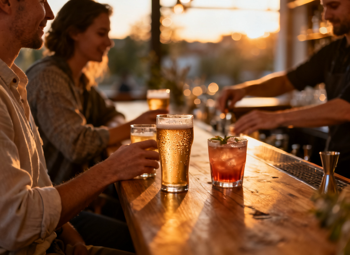 Gäste in einer Bar in Stuttgart-Vaihingen mit Getränken an der Theke am Abend