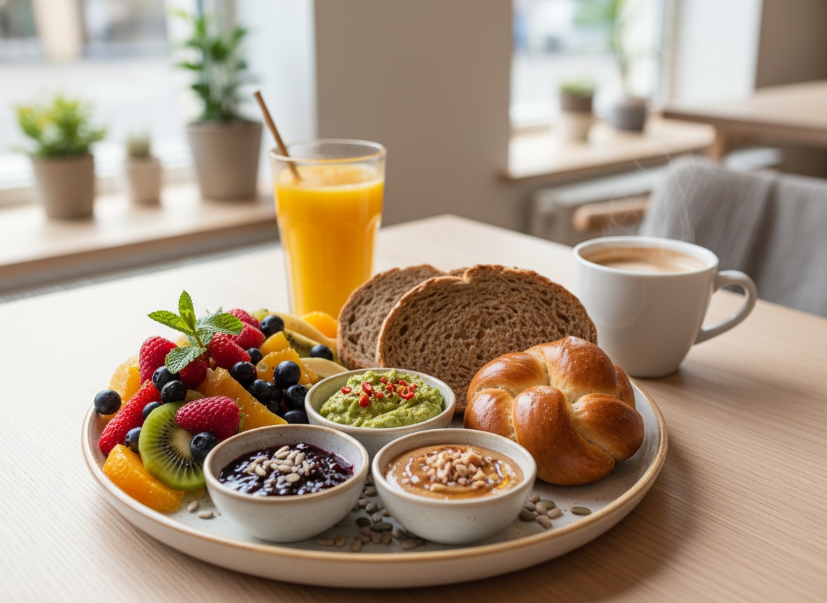 Veganer Frühstücksteller mit Obst, Brot und Aufstrichen im Café Huginn Stuttgart