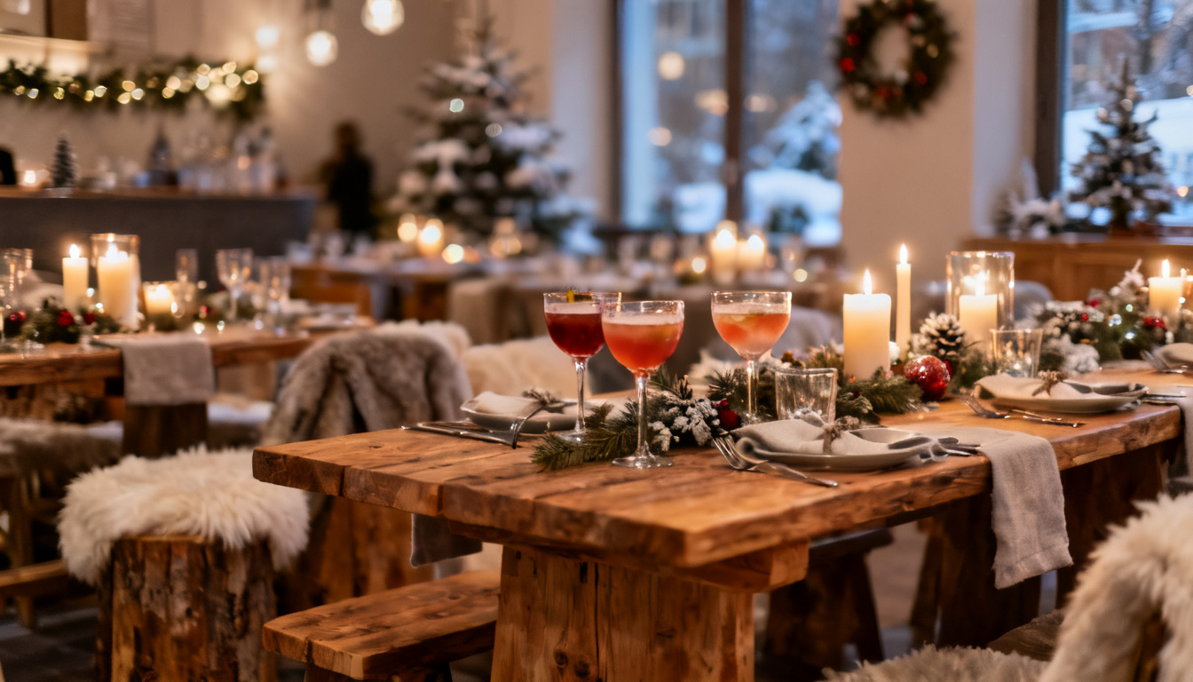 Weihnachtsfeier-Location in Stuttgart – festlich gedeckter Eventraum mit Kerzenlicht und Cocktails im Huginn an der Calwer Straße