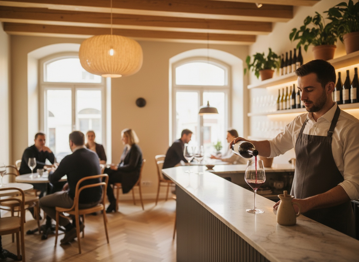 Sommelier schenkt Rotwein in einer Weinbar in Stuttgart in ein Glas ein