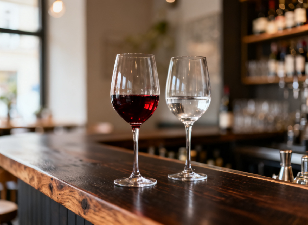 Weinbar in Stuttgart mit Rotwein- und Weißweingläsern auf einem dunklen Holztresen