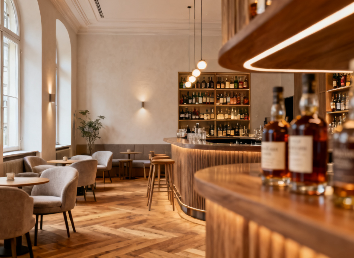 Warmes Ambiente der Whisky Bar im denkmalgeschützten Huginn Stuttgart