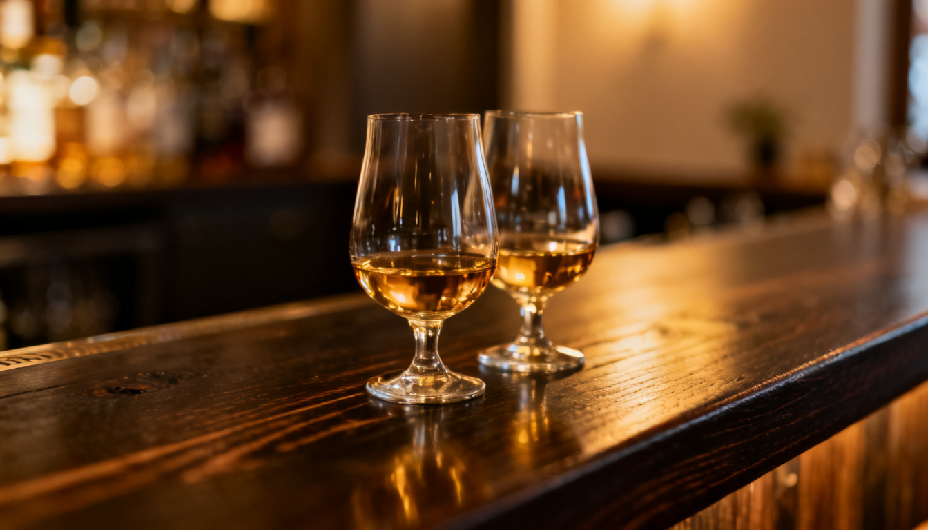 Whisky Tasting Stuttgart – Whisky-Gläser auf dunklem Holztresen in der Whisky Bar des Huginn an der Calwer Straße