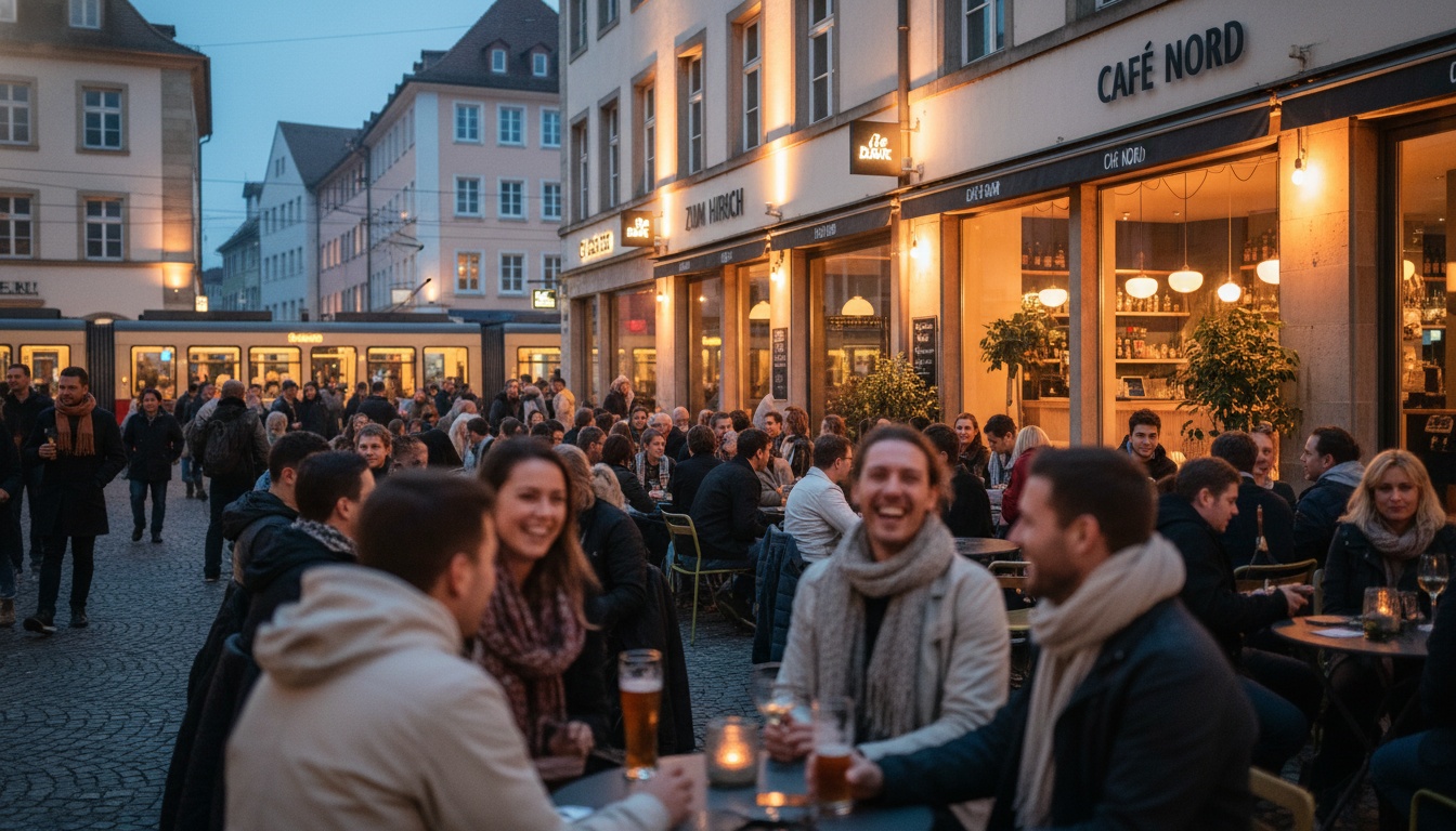 Bars am Wilhelmsplatz Stuttgart in Bad Cannstatt – belebter Platz am Abend mit beleuchteten Lokalen