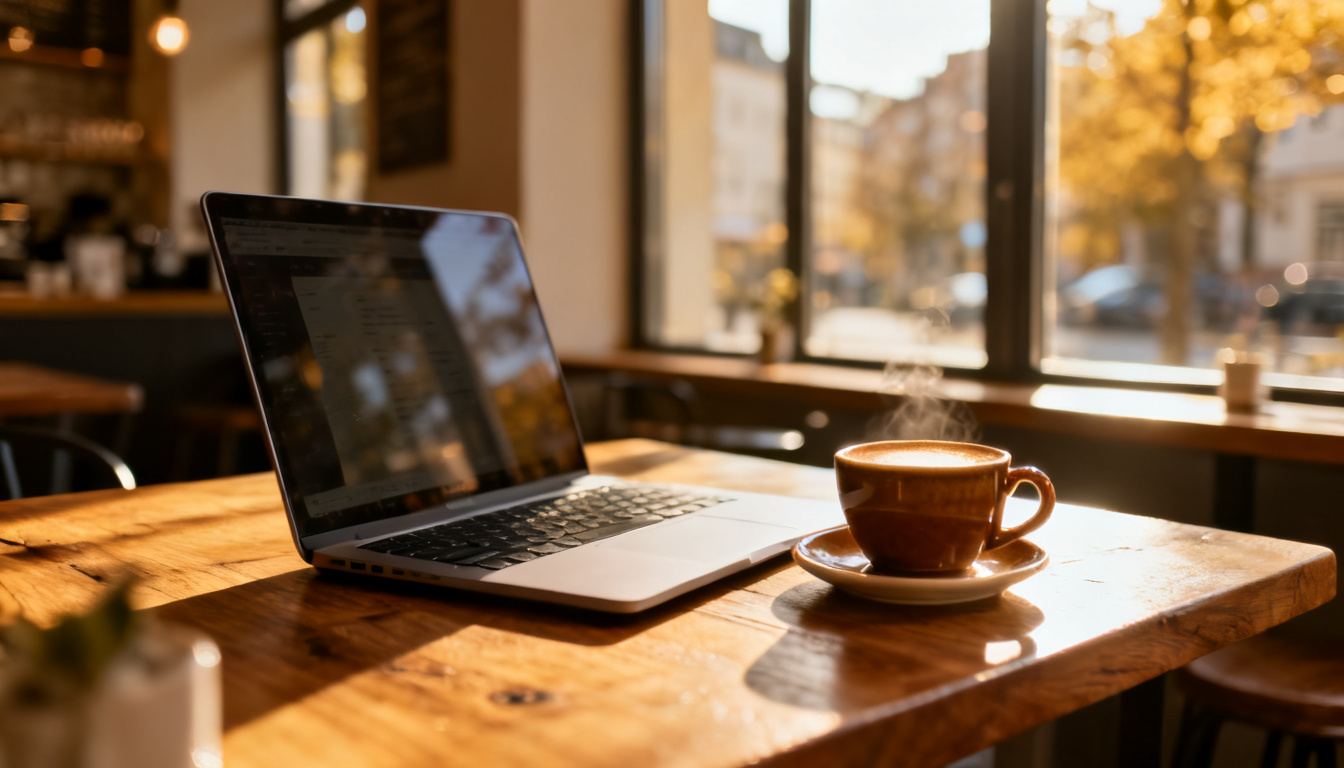 Work Café Stuttgart – Laptop und aromatischer Kaffee am Tisch im Huginn an der Calwer Straße