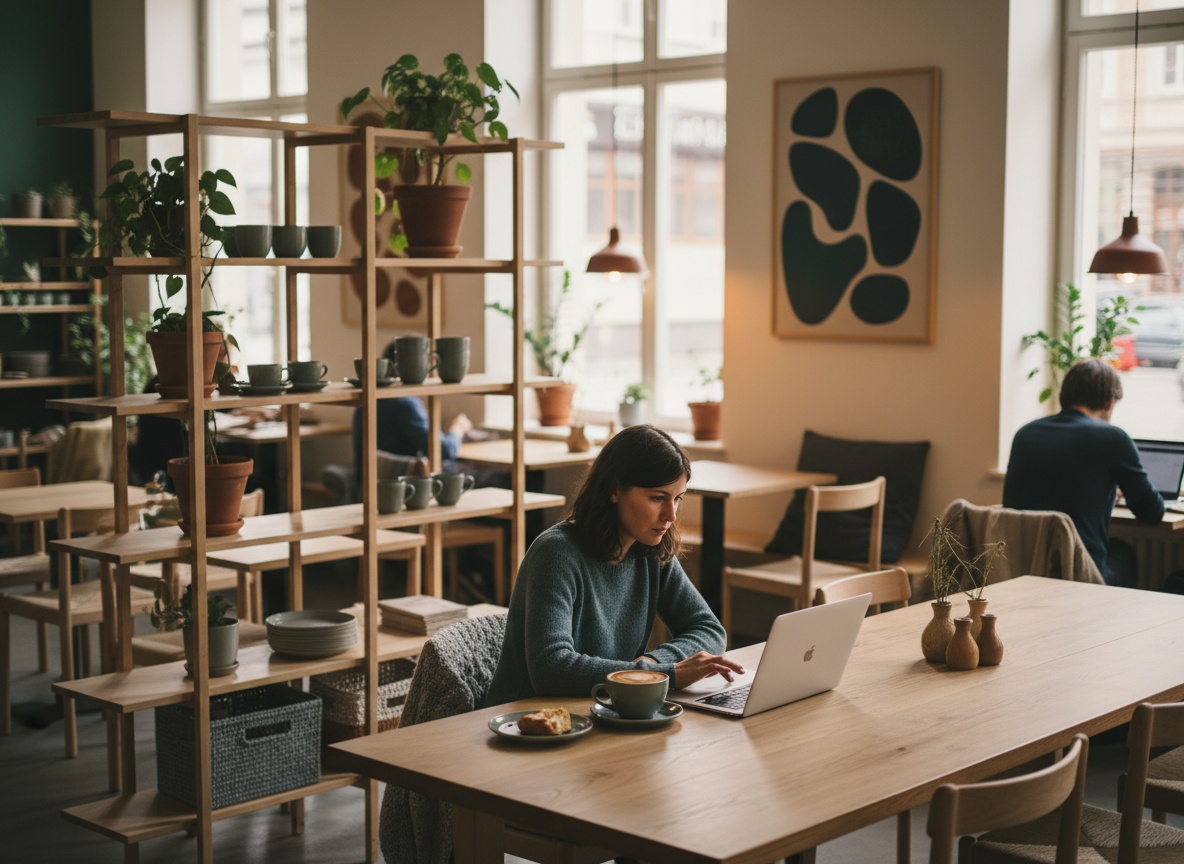 Ruhiges Café-Interieur im Huginn Stuttgart zum Arbeiten mit Laptop und Kaffee