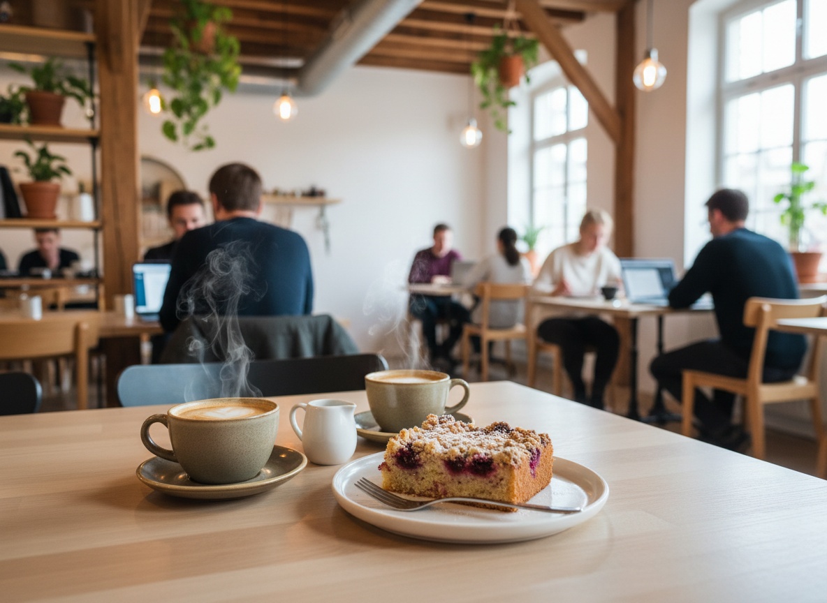 Aromatischer Kaffee und hausgemachter Kuchen im Work Café Huginn Stuttgart