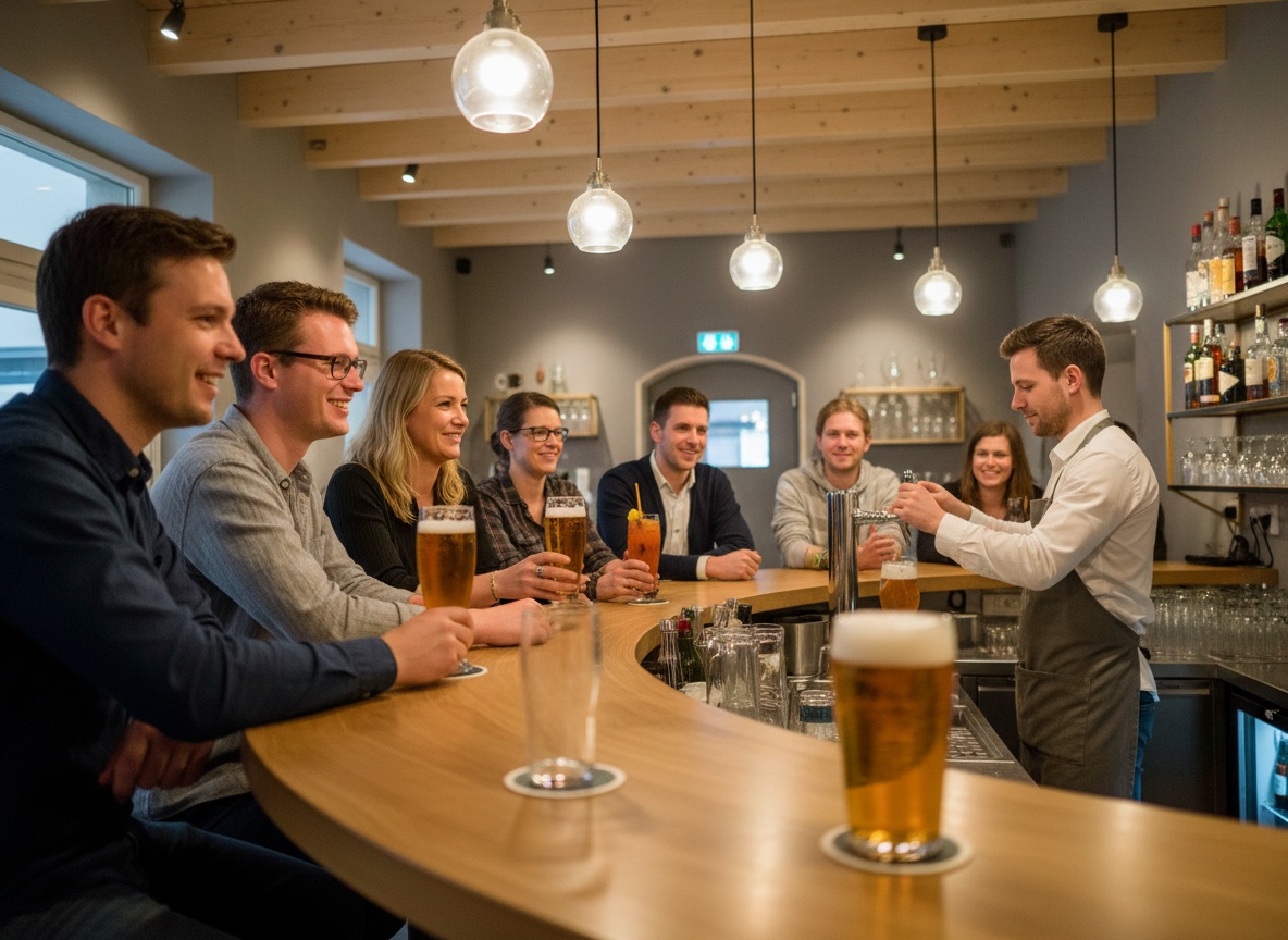 Gäste in einer Stadtteilbar in Stuttgart-Zuffenhausen mit Bier und Getränken an der Theke