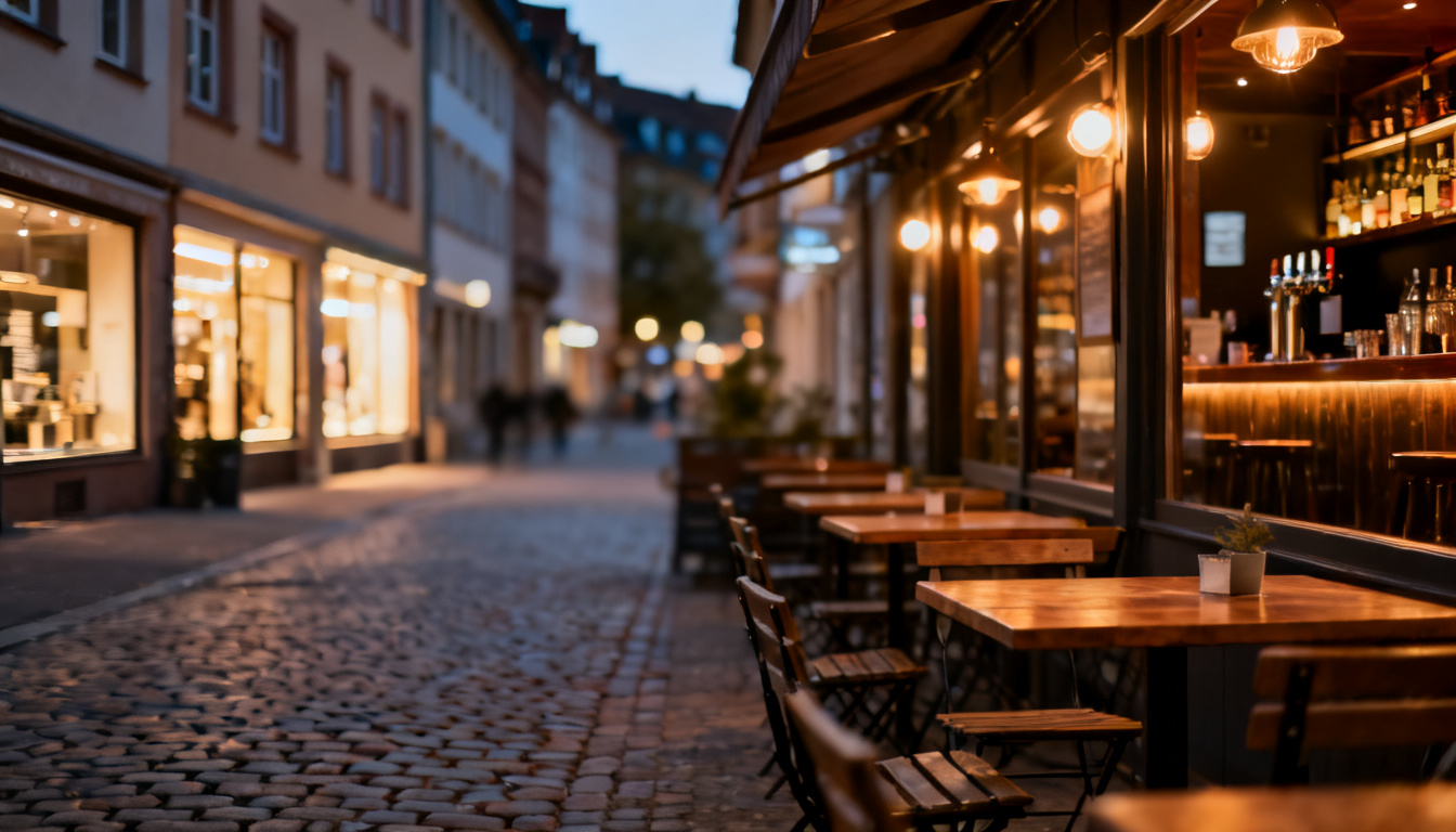 Bars in Stuttgart-Zuffenhausen – abendliche Straße im Stadtteilzentrum mit beleuchteten Lokalen